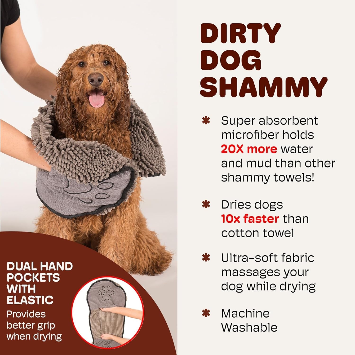 the Dirty Dog Shammy - Antimicrobial Microfiber Dog Towel for Odor Control, Fast-Drying Plush, Dual Hand Pockets & Elastic, Super Absorbent, Machine Washable, 31 X 13 In, Grey