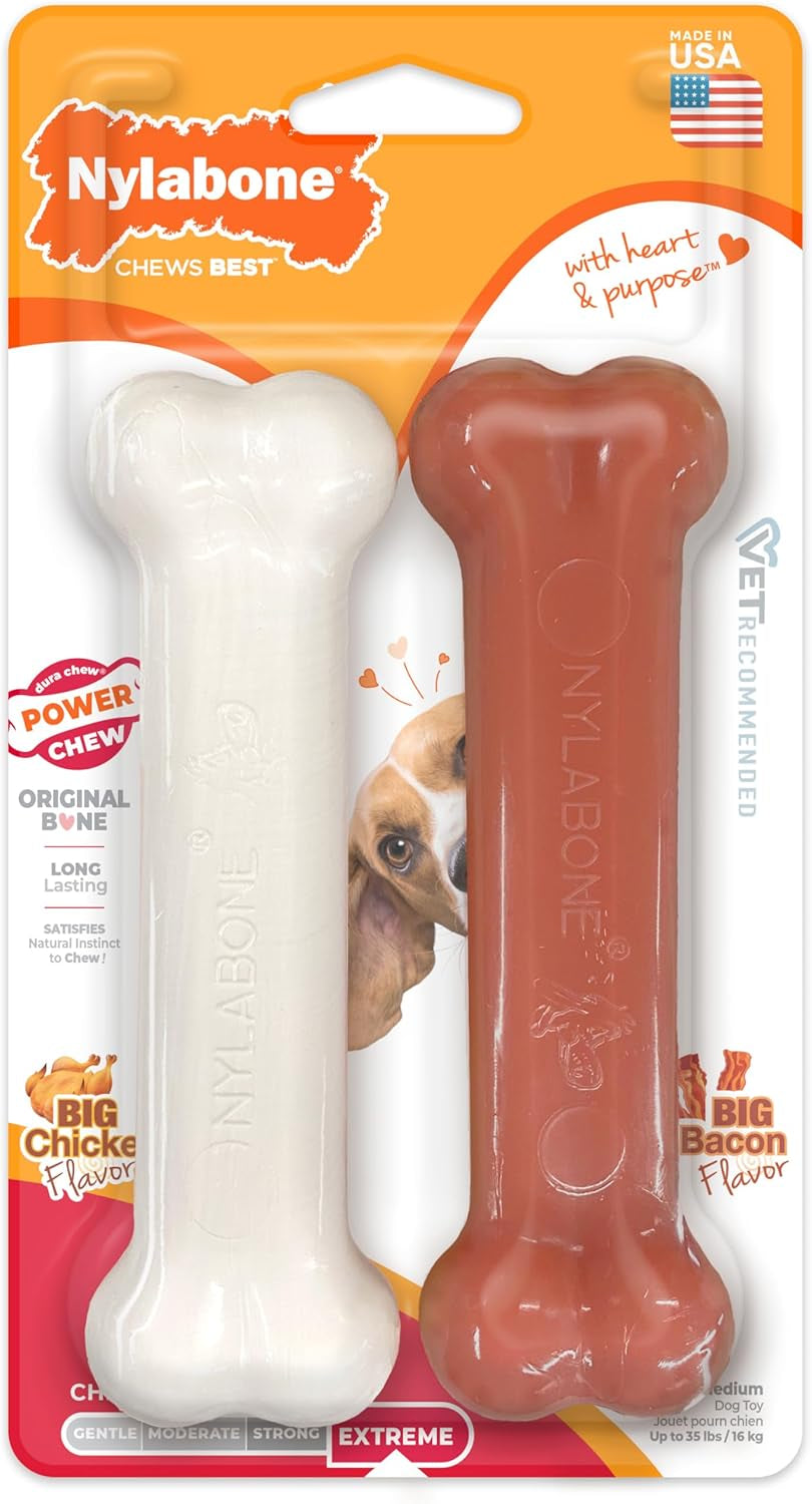 Original Bone Power Chew Toy for Dogs, Durable Dog Toys for Aggressive Chewers, Basted Blast Bacon & Chicken Flavor, Medium - up to 35 Lbs, 2 Pack
