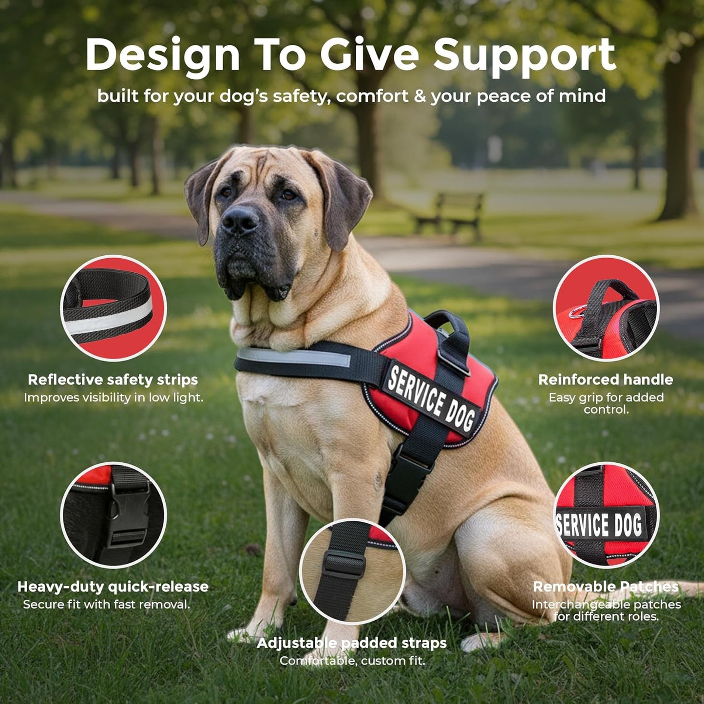 Service Dog Vest Harness - Durable & Adjustable Vest for Dog with Reflective Straps, Removable Patches, 50 ADA Cards, Handle & D-Ring, Travel and Daily Use, (Bright Red, XL 30"-39")