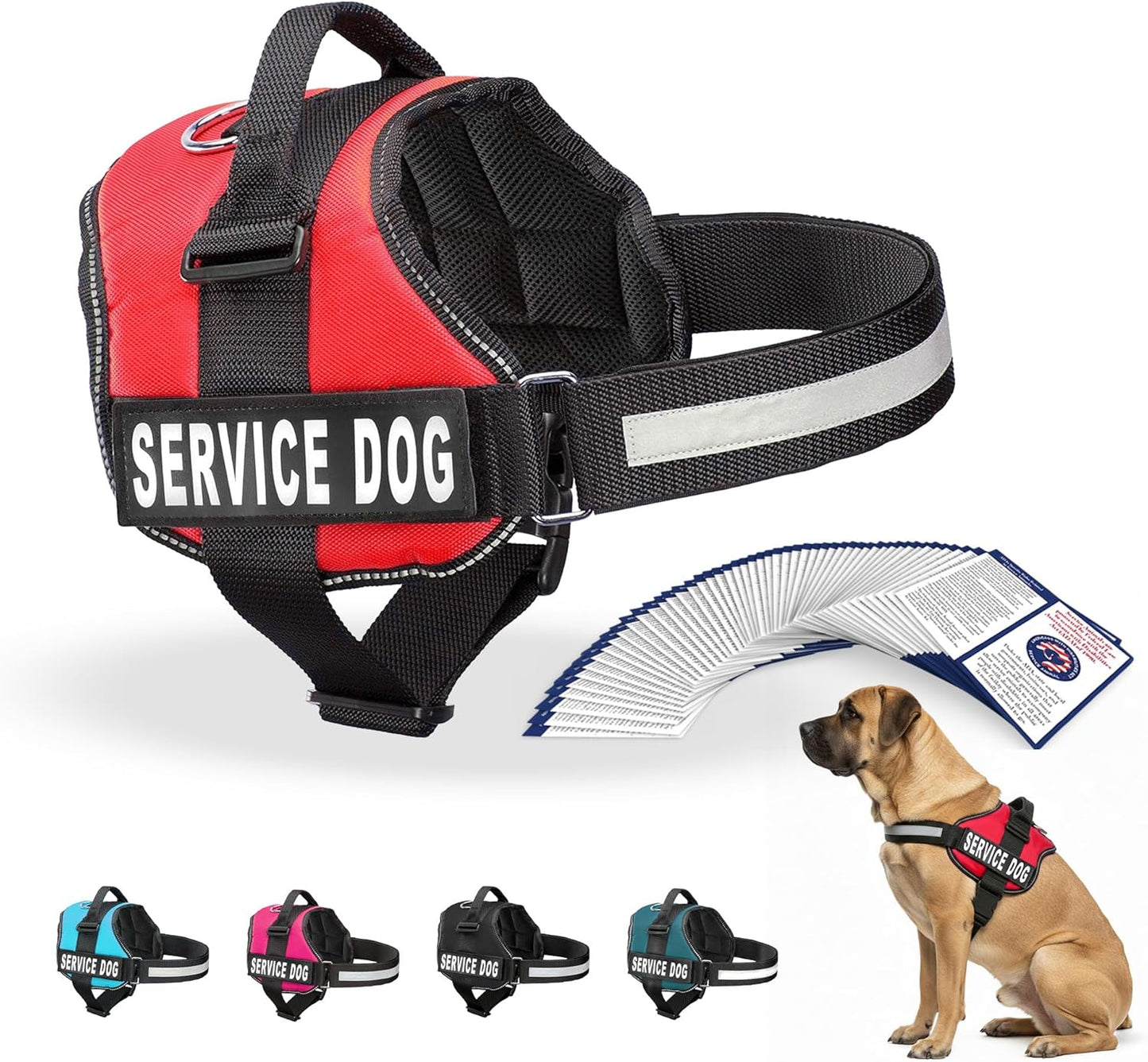 Service Dog Vest Harness - Durable & Adjustable Vest for Dog with Reflective Straps, Removable Patches, 50 ADA Cards, Handle & D-Ring, Travel and Daily Use, (Bright Red, XL 30"-39")