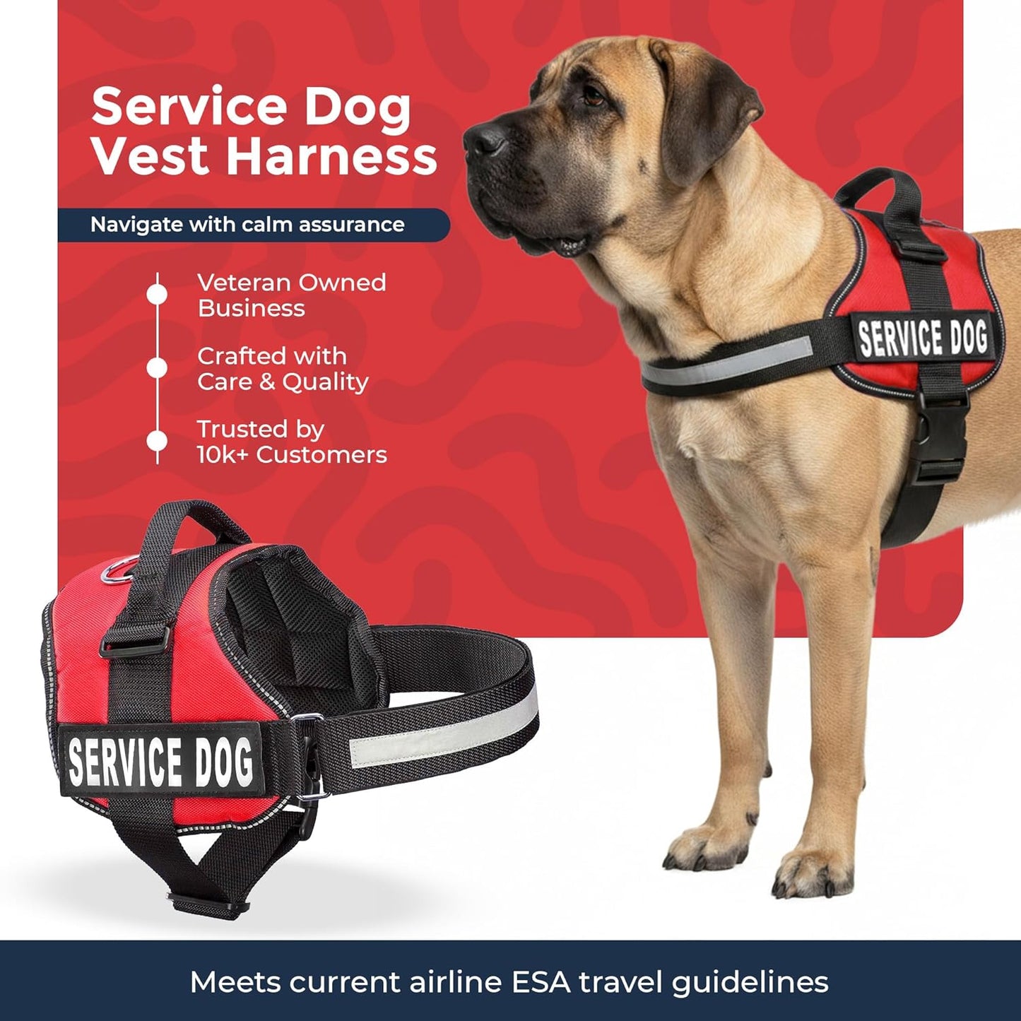 Service Dog Vest Harness - Durable & Adjustable Vest for Dog with Reflective Straps, Removable Patches, 50 ADA Cards, Handle & D-Ring, Travel and Daily Use, (Bright Red, XL 30"-39")
