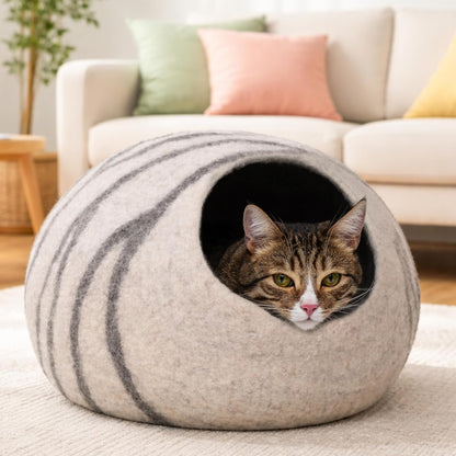 Cat Cave – Premium Felt Cat Bed for Indoor Cats, Handmade Merino Wool (Light Grey, Medium)